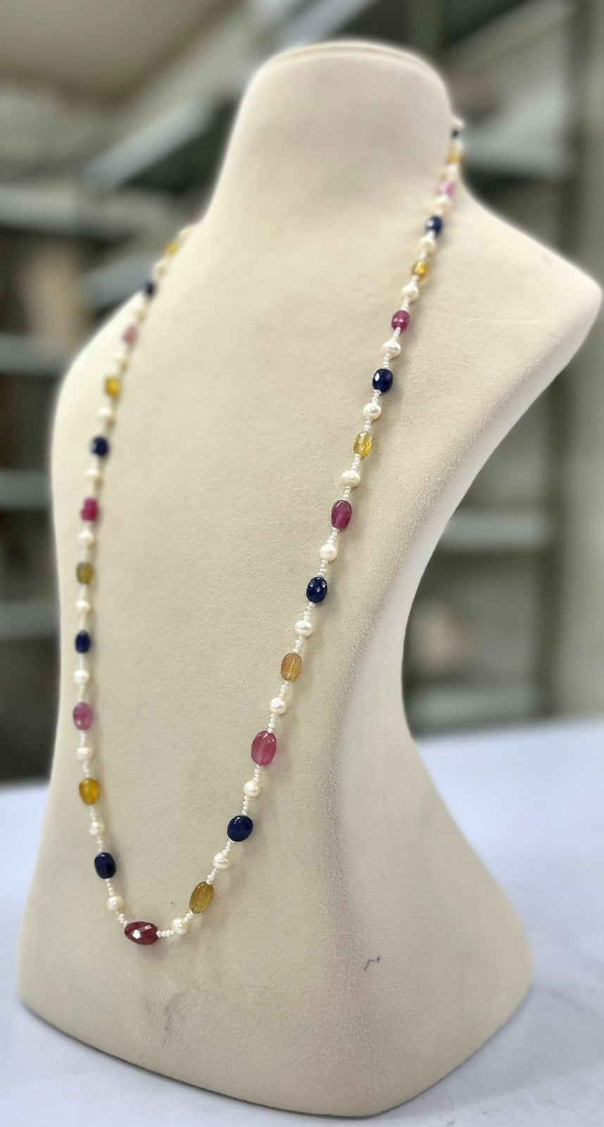 Navratna-Multi-Sapphire, Ruby, and Pearl Mala Necklace | SHOBITAM