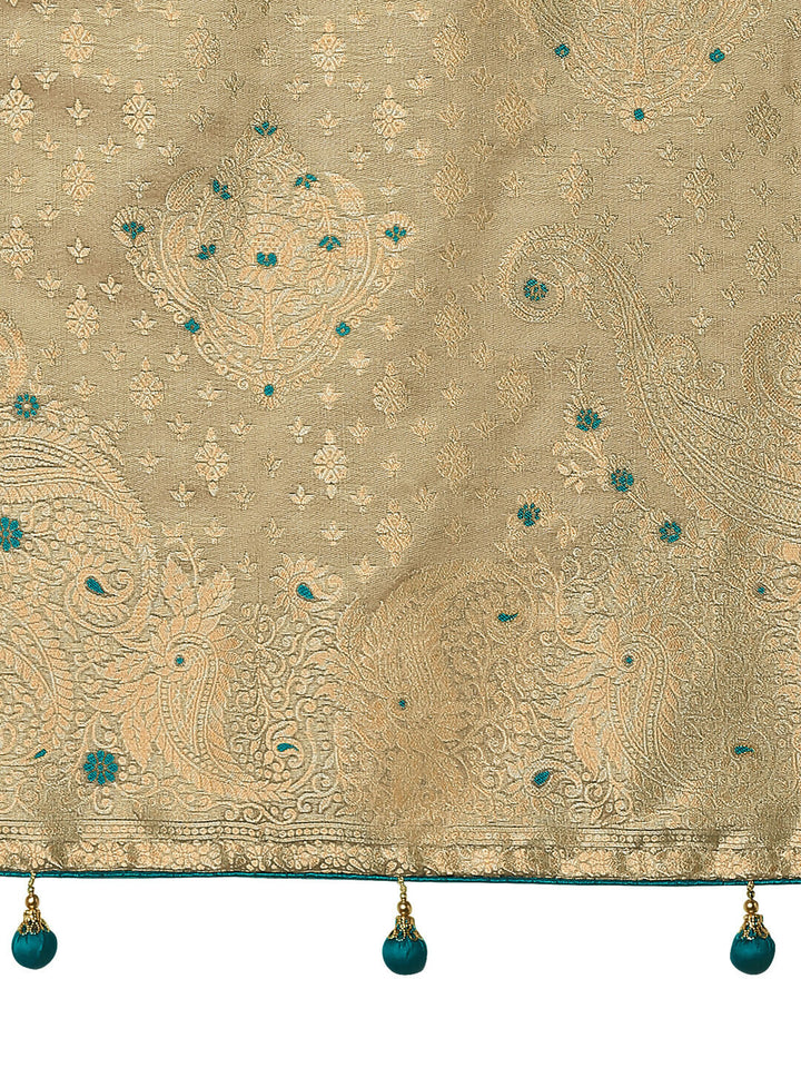 Cream Color Paisley Zari Woven Semi Banarasi Tissue Silk Saree  | SHOBITAM