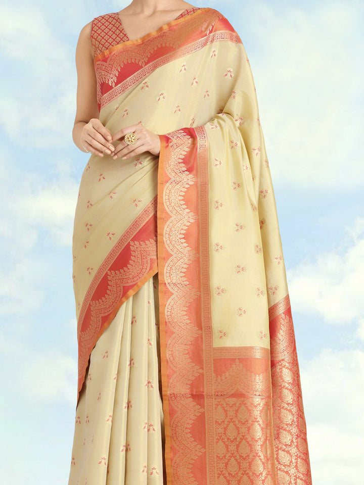 Cream Color Weaving Semi Banarasi Tissue Silk Saree | SHOBITAM