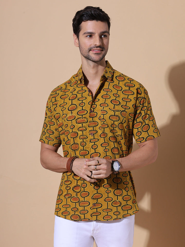 Mustard Dune Ajrakh Half Sleeve Artisan Print Shirt in Mustard for Men