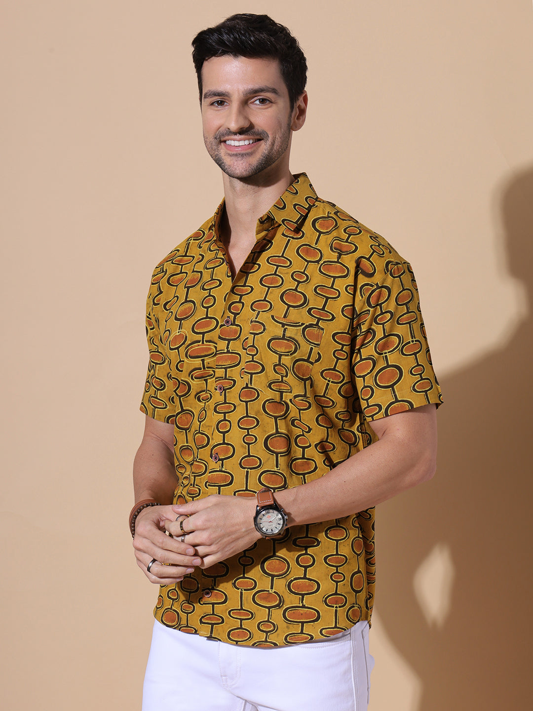 Mustard Dune Ajrakh Half Sleeve Artisan Print Shirt in Mustard for Men