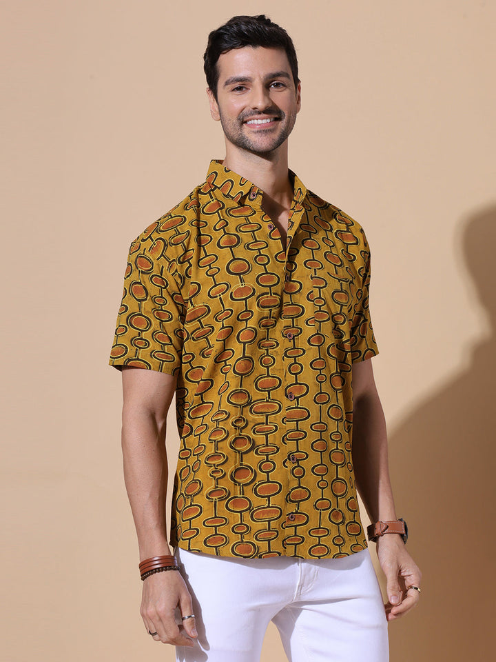 Mustard Dune Ajrakh Half Sleeve Artisan Print Shirt in Mustard for Men