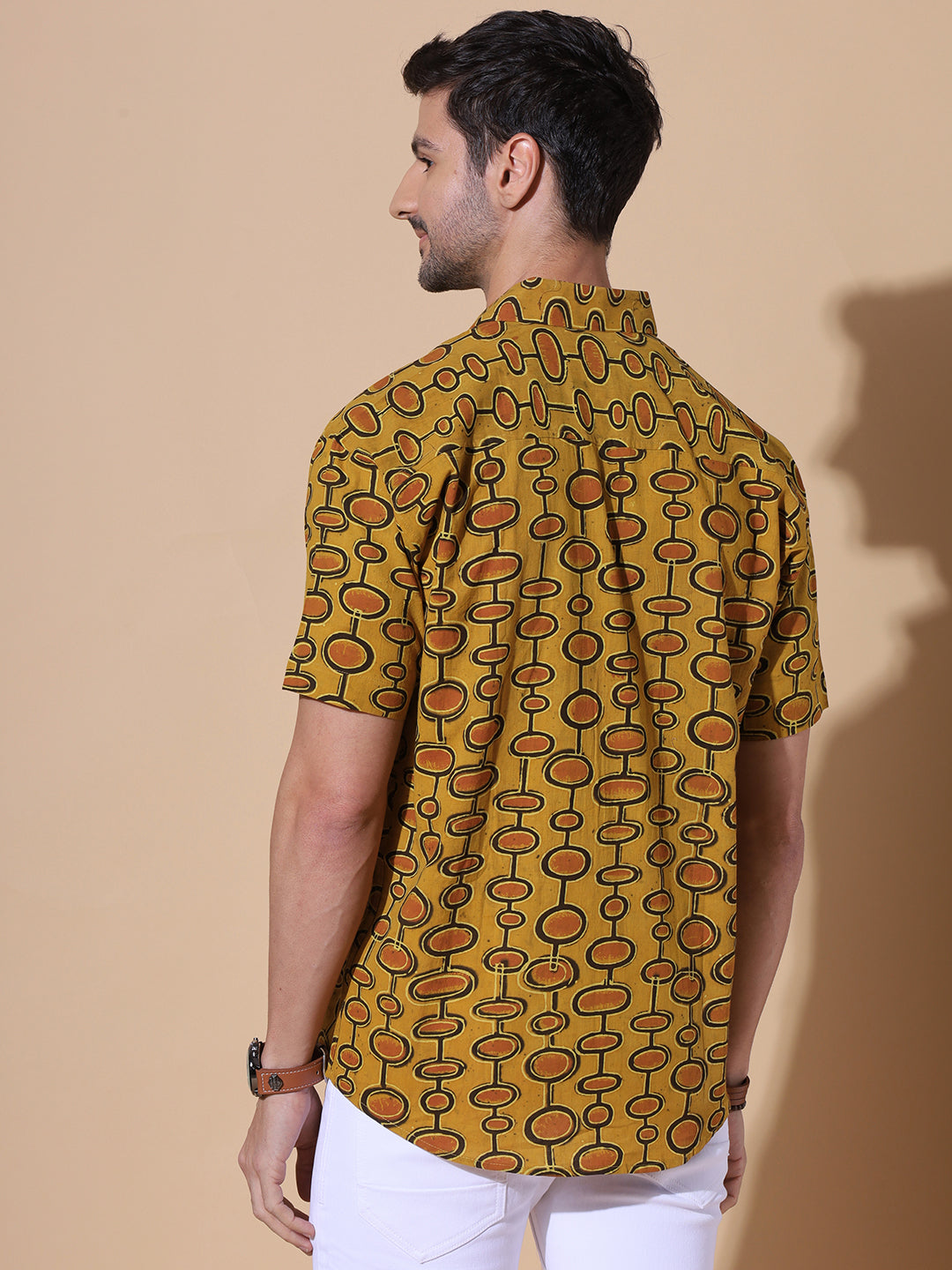 Mustard Dune Ajrakh Half Sleeve Artisan Print Shirt in Mustard for Men