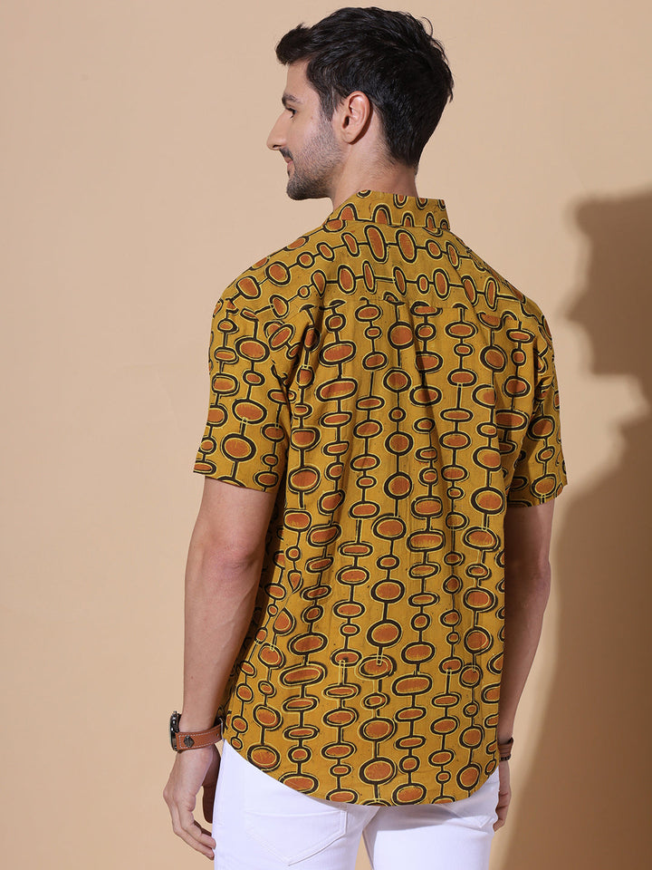 Mustard Dune Ajrakh Half Sleeve Artisan Print Shirt in Mustard for Men