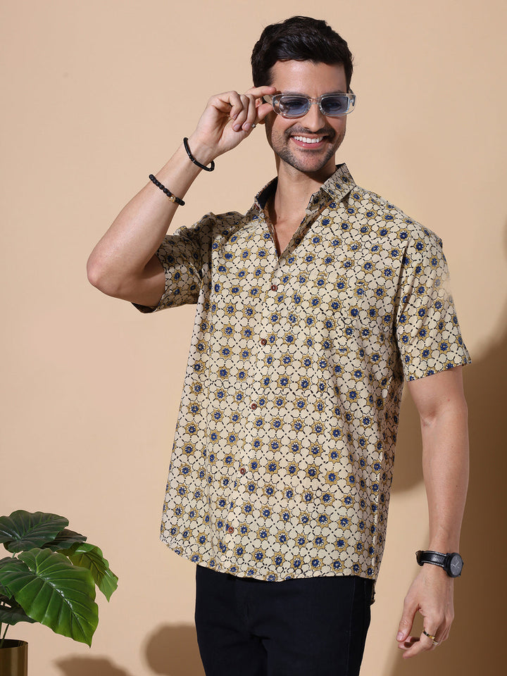 Desert Dye Ajrakh Half Sleeve Artisan Print shirt in Beige for Men