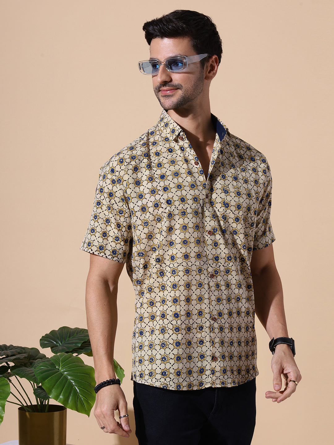 Desert Dye Ajrakh Half Sleeve Artisan Print shirt in Beige for Men
