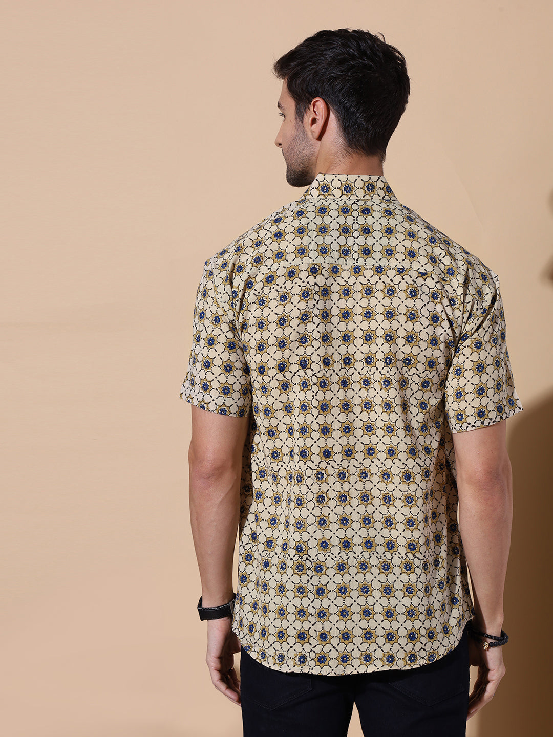 Desert Dye Ajrakh Half Sleeve Artisan Print shirt in Beige for Men