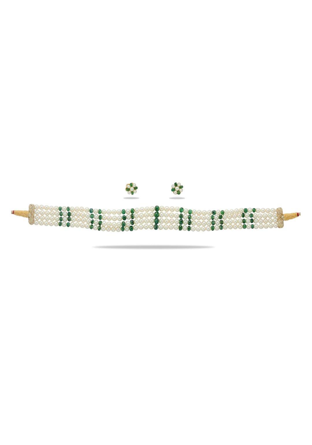 Enchanting Elegance: Pearls and faceted Emerald Four Strand Choker and Stud Set