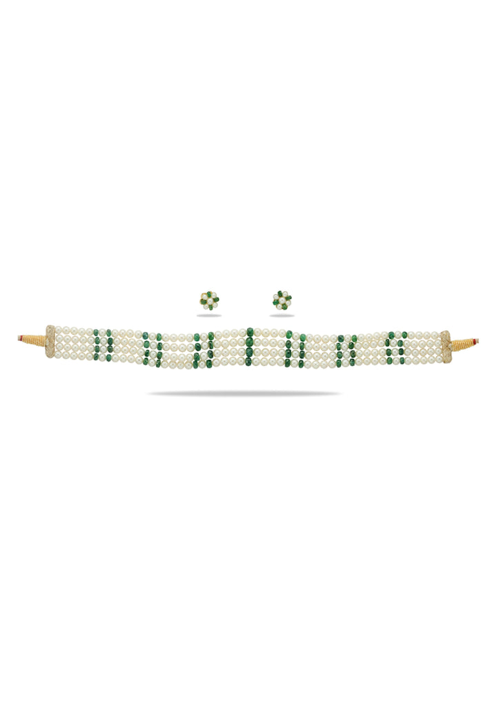 Enchanting Elegance: Pearls and faceted Emerald Four Strand Choker and Stud Set