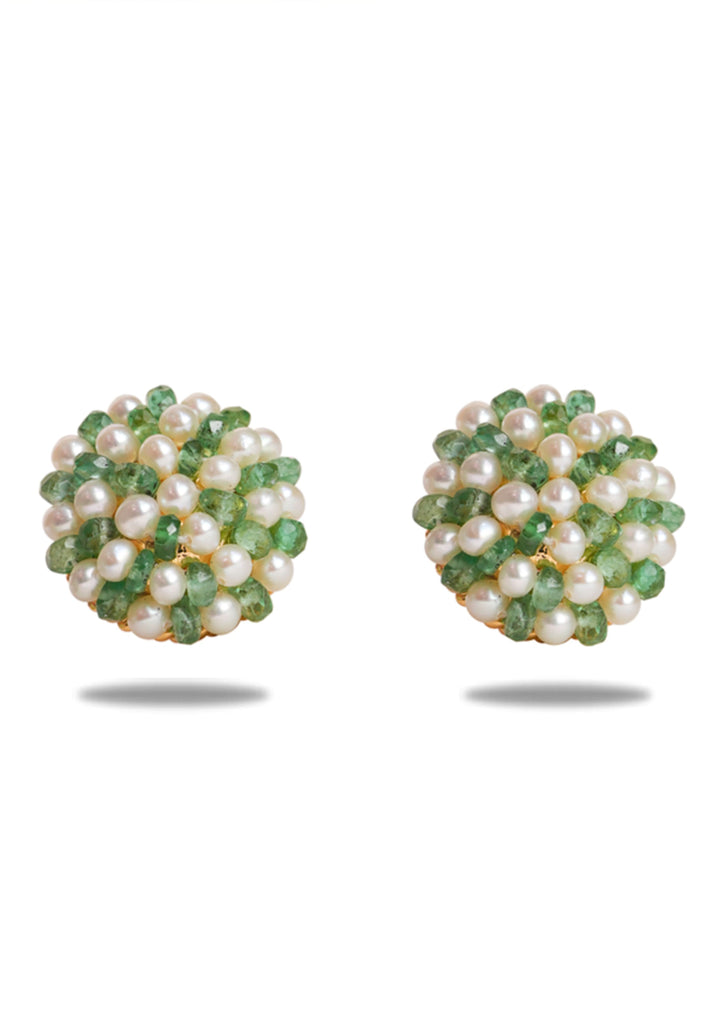 Cluster Earings Emerald Green and White Pearl Stud Earrings