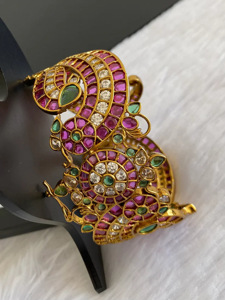 Matte Finish Kemp-Green-White Openable Peacock Kada / Bangle | SHOBITAM
