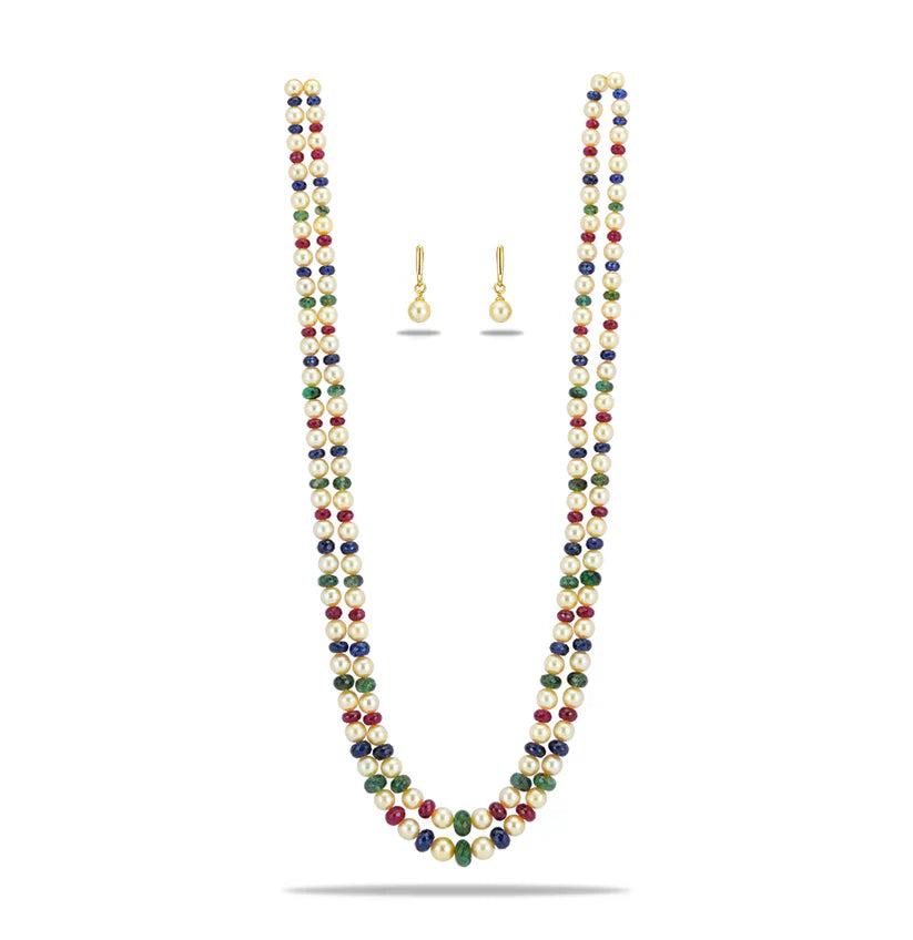 Natural Ruby & Emerald Beads and 6.0-7.0mm Golden Akoya Saltwater Pearls Necklace Set - A Quality | SHOBITAM