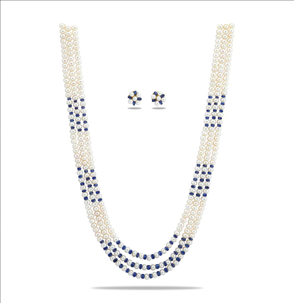 Natural Blue Sapphire And 5.0-6.0mm Button Freshwater Pearl Necklace Set - AA Quality