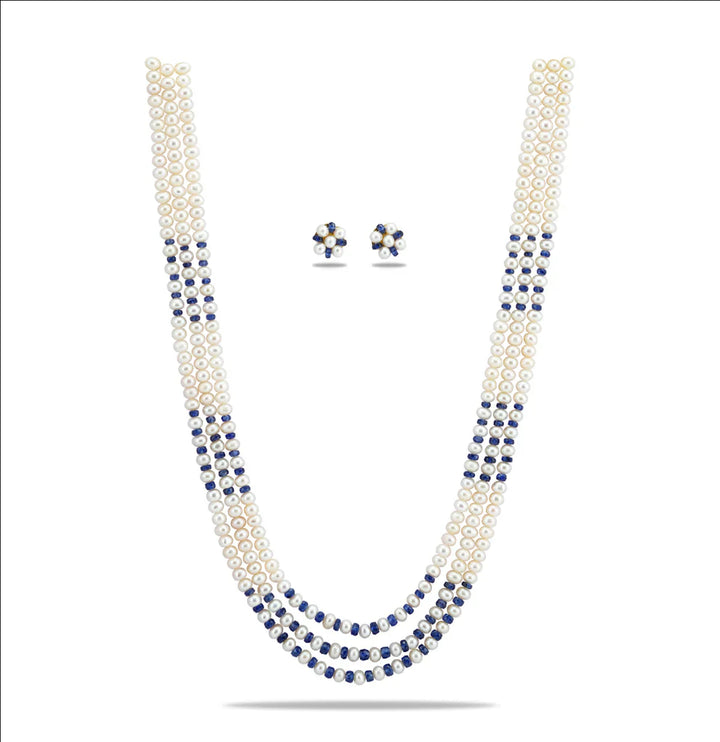 Natural Blue Sapphire And 5.0-6.0mm Button Freshwater Pearl Necklace Set - AA Quality