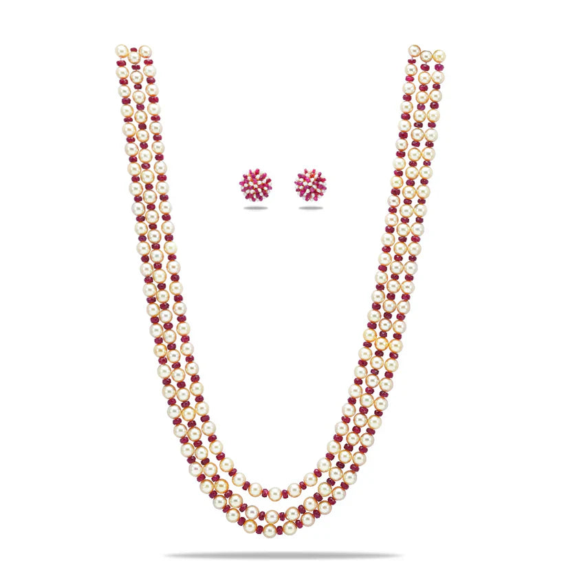 Natural Ruby And 6.0-7.0mm Golden Saltwater Akoya Pearls Necklace Set - A Quality | SHOBITAM
