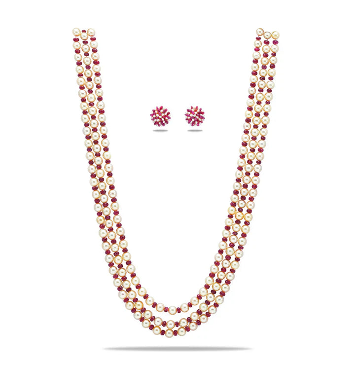 Natural Ruby And 6.0-7.0mm Golden Saltwater Akoya Pearls Necklace Set - A Quality | SHOBITAM