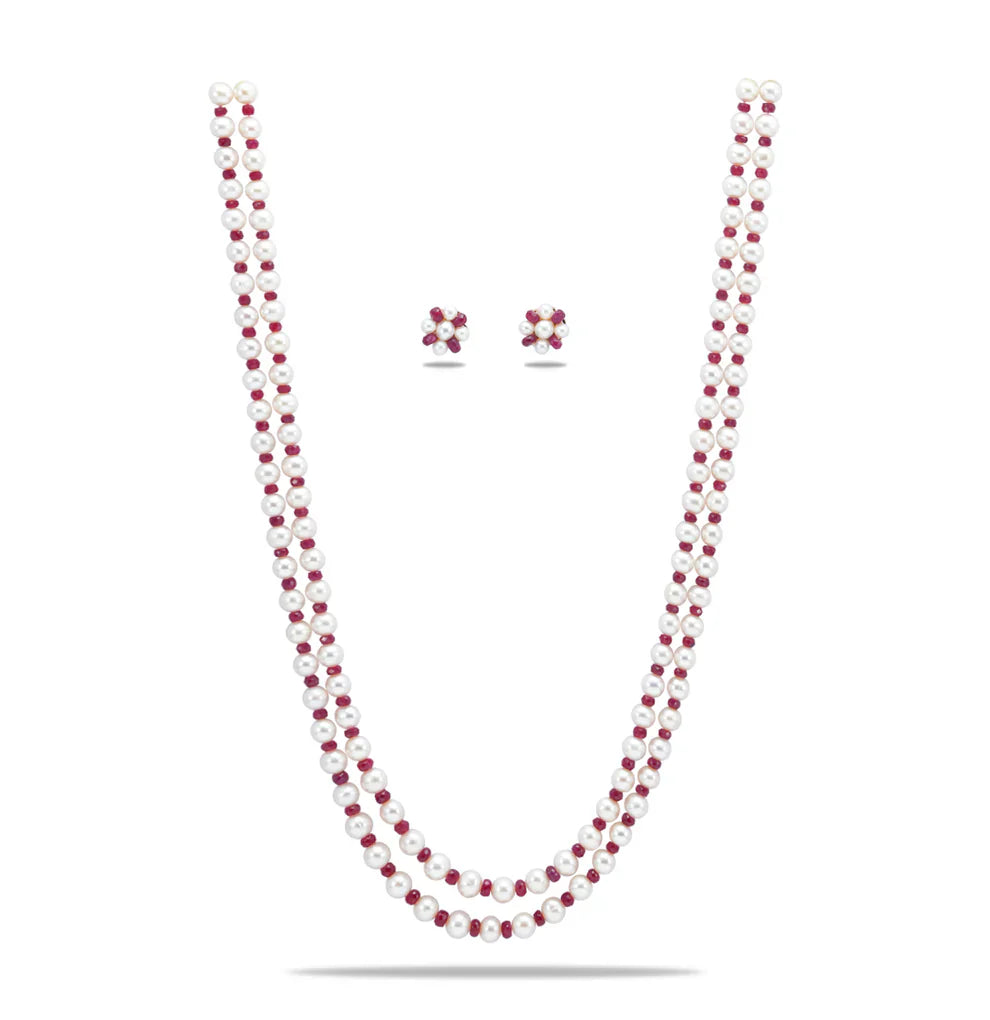 Natural Ruby And 6.0-7.0mm White Near Round Freshwater Pearl Necklace Set AA Quality