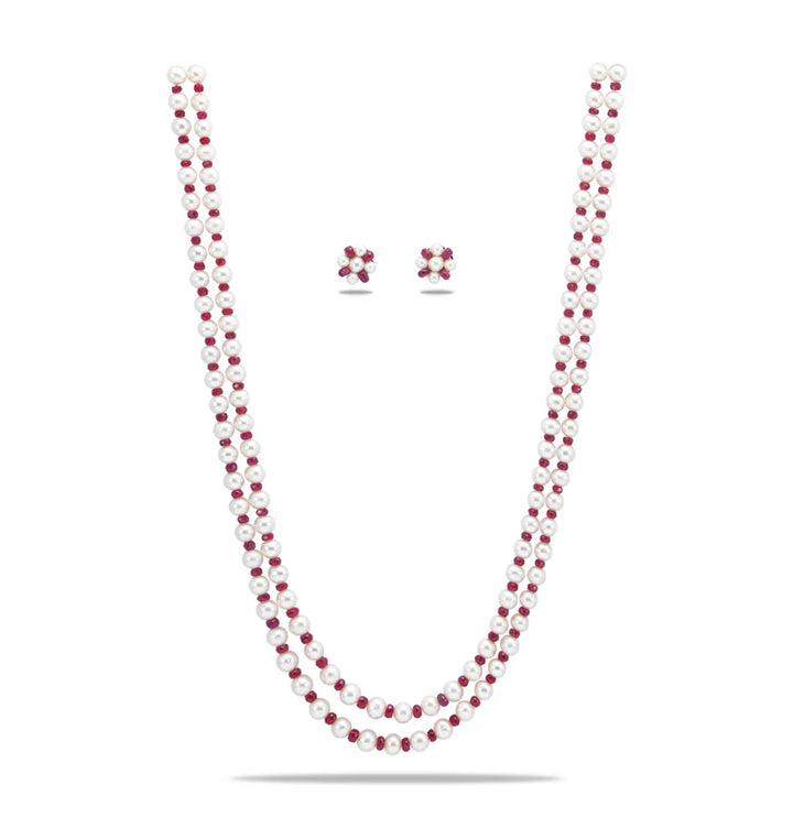 Natural Ruby And 6.0-7.0mm White Near Round Freshwater Pearl Necklace Set AA Quality