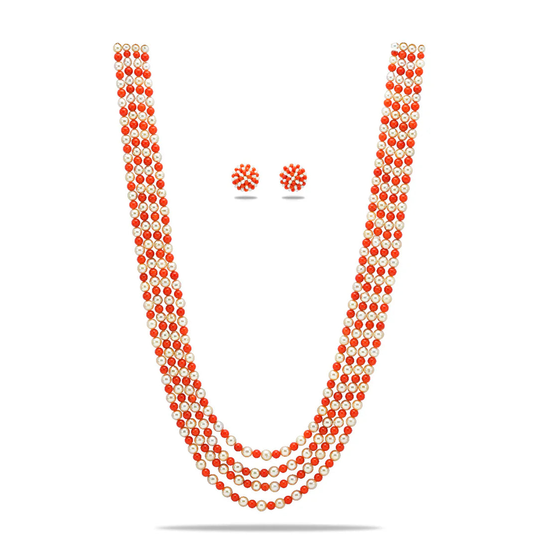Natural Coral And 5.0-6.0mm Golden Saltwater Akoya Pearls Necklace Set-AAA Quality | SHOBITAM