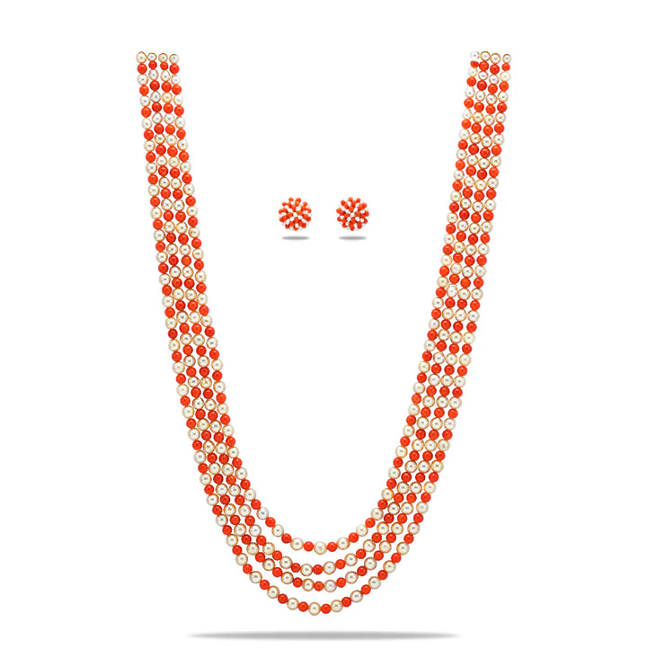 Natural Coral And 5.0-6.0mm Golden Saltwater Akoya Pearls Necklace Set-AAA Quality | SHOBITAM