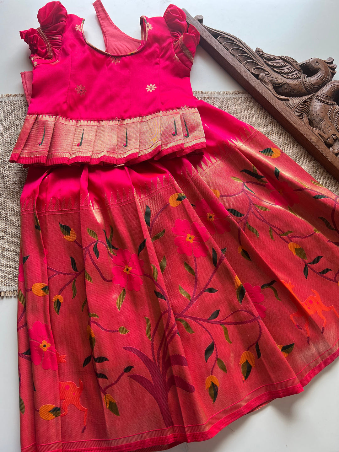 Paithani Skirt with bodice and peplum top - Pink Express | SHOBITAM