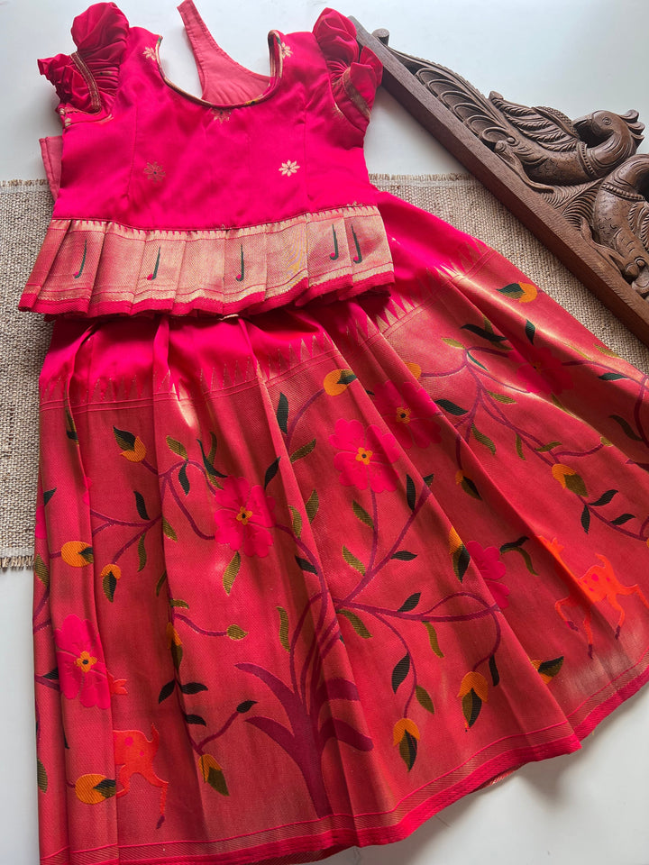 Paithani Skirt with bodice and peplum top - Pink Express | SHOBITAM