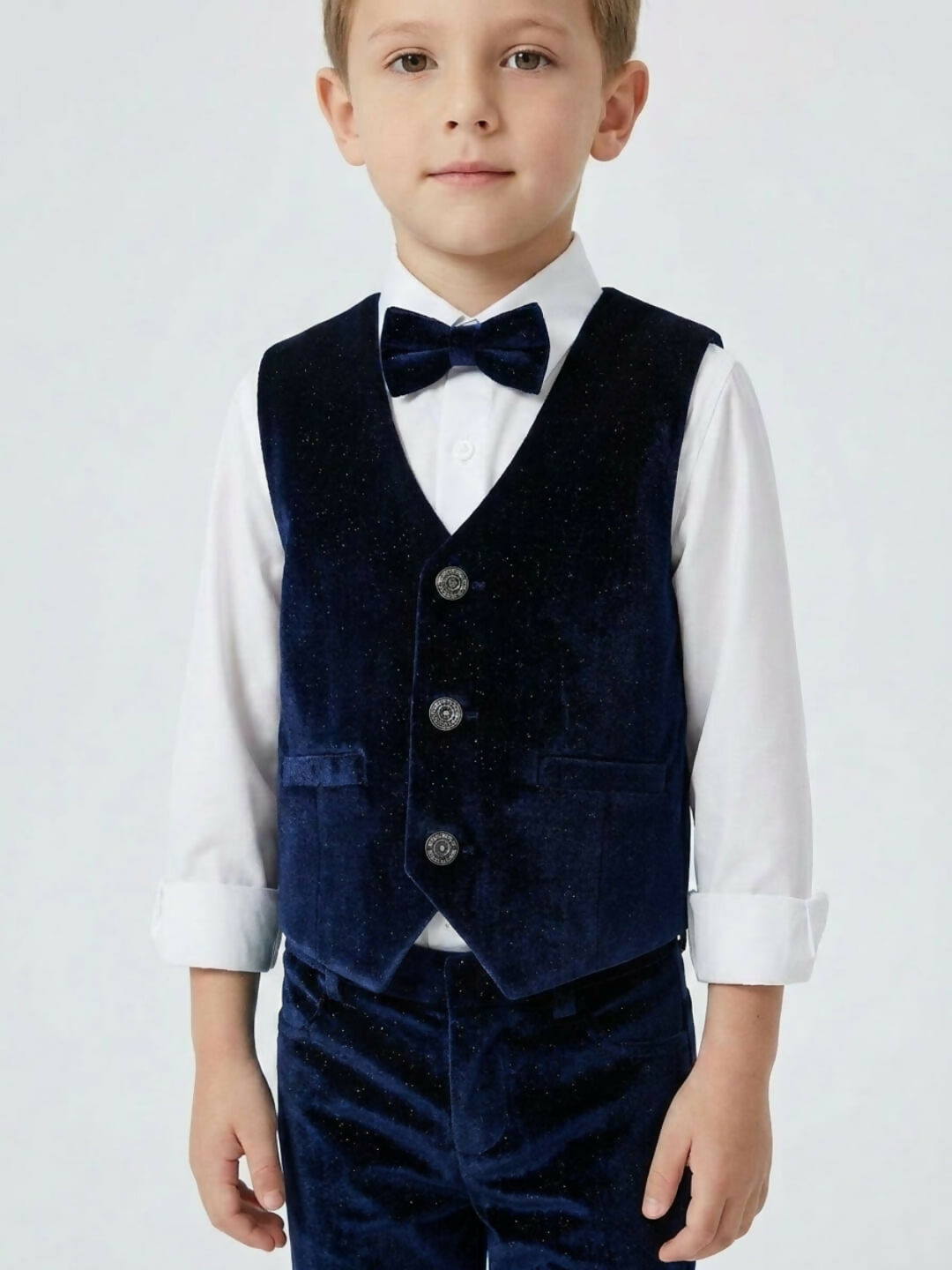 Boys Formal Blue Waistcoat Suit Set with Shirt, Trousers and Bow Tie | SHOBITAM