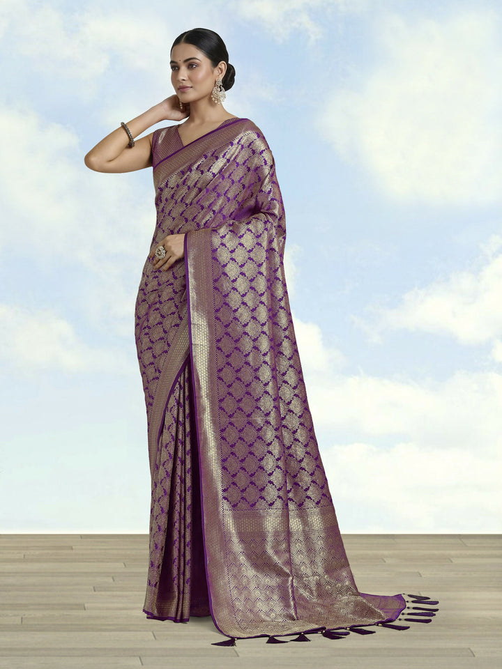 Purple Banarasi Satin Silk Zari Weaving Work Saree | SHOBITAM
