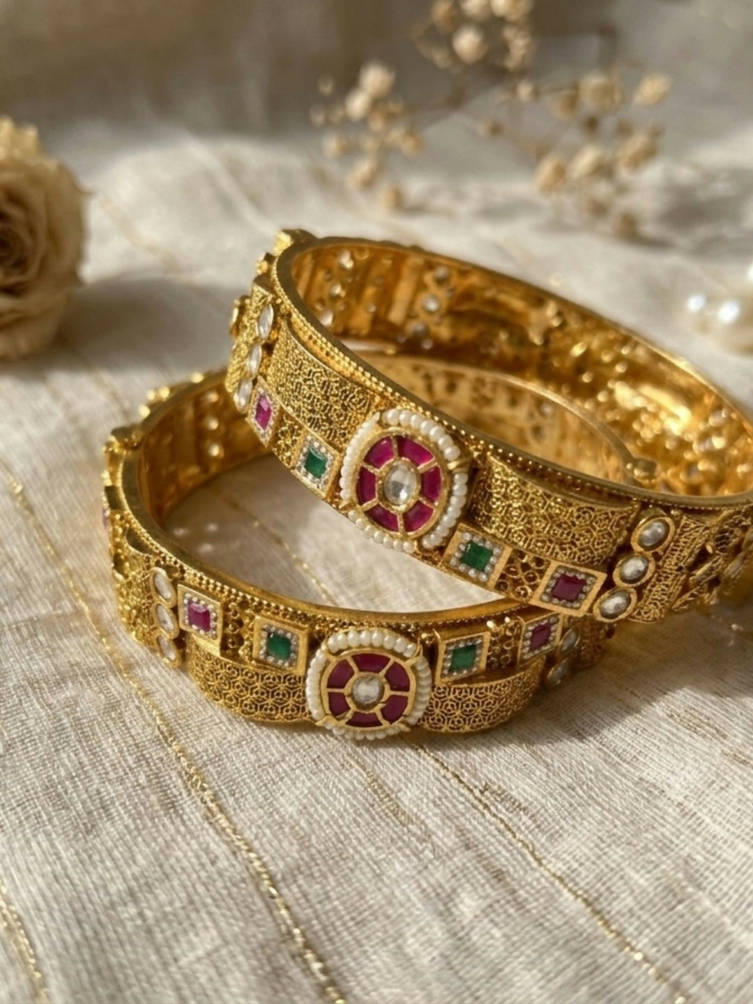 Multicolour Antique Gold Plated Jadau Polki Bangles | SHOBITAM