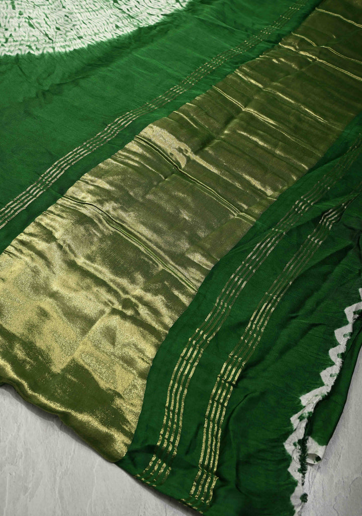 Green Modal Silk Saree with Mandala Design and Crushed Pallu | SHOBITAM