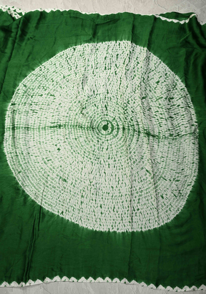 Green Modal Silk Saree with Mandala Design and Crushed Pallu | SHOBITAM