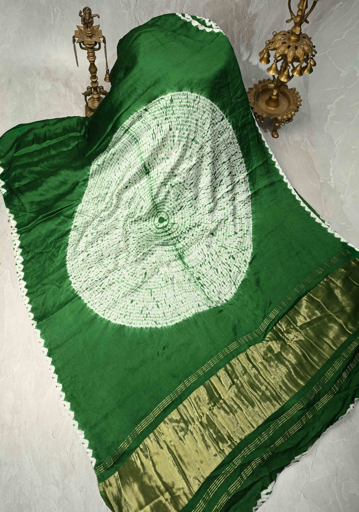 Green Modal Silk Saree with Mandala Design and Crushed Pallu | SHOBITAM