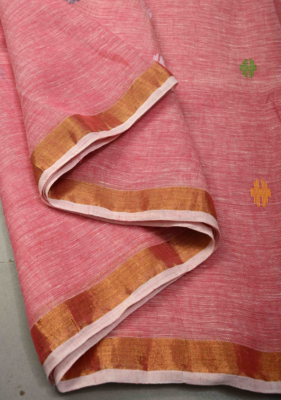 Lotus Pink Meenakari Buttas on Linen by Linen Saree with Paithani Pallu and Minimal Tissue Border