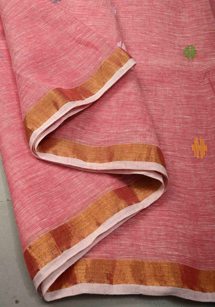 Lotus Pink Meenakari Buttas on Linen by Linen Saree with Paithani Pallu and Minimal Tissue Border