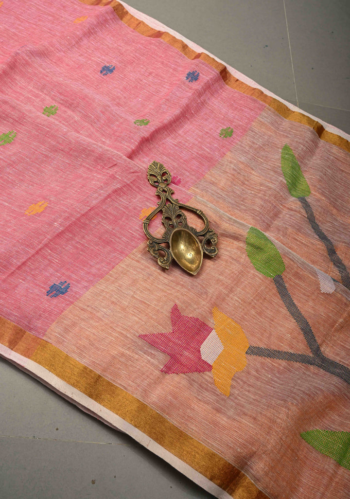 Lotus Pink Meenakari Buttas on Linen by Linen Saree with Paithani Pallu and Minimal Tissue Border