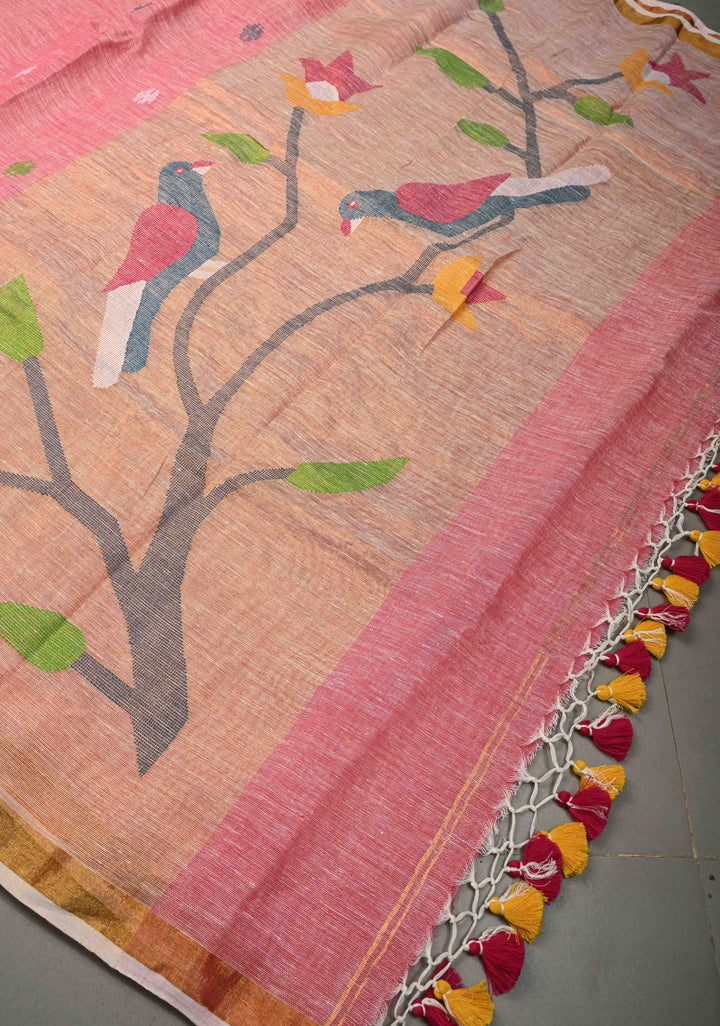 Lotus Pink Meenakari Buttas on Linen by Linen Saree with Paithani Pallu and Minimal Tissue Border