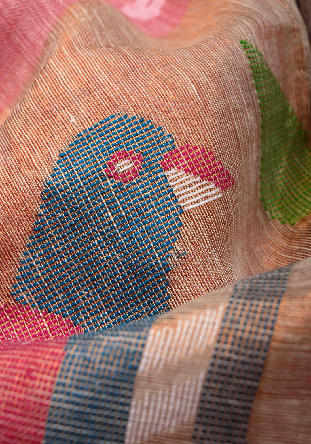 Lotus Pink Meenakari Buttas on Linen by Linen Saree with Paithani Pallu and Minimal Tissue Border