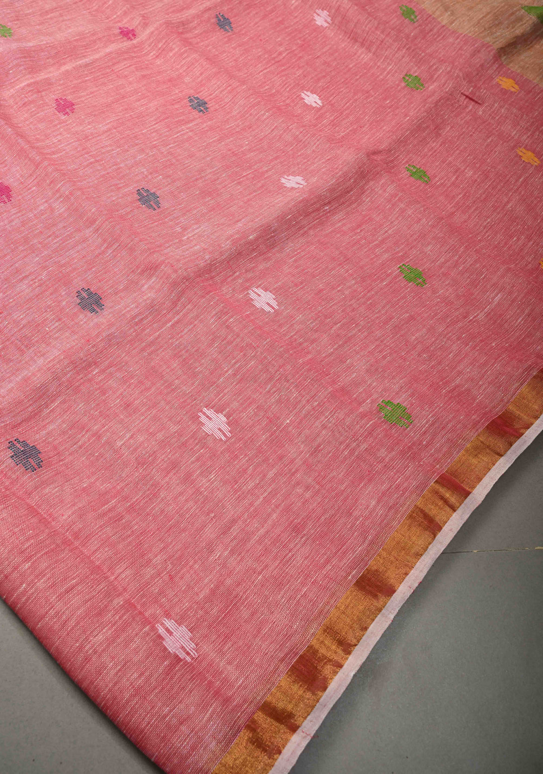 Lotus Pink Meenakari Buttas on Linen by Linen Saree with Paithani Pallu and Minimal Tissue Border