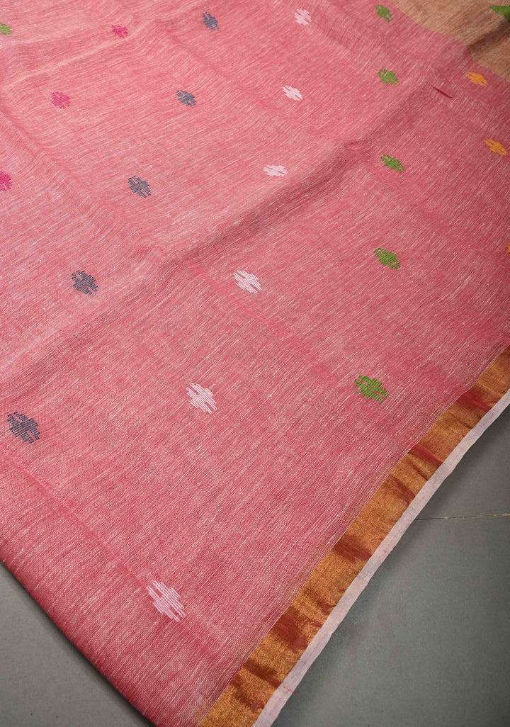 Lotus Pink Meenakari Buttas on Linen by Linen Saree with Paithani Pallu and Minimal Tissue Border