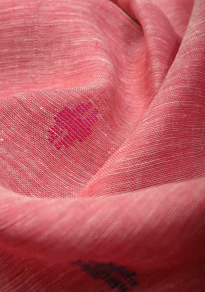 Lotus Pink Meenakari Buttas on Linen by Linen Saree with Paithani Pallu and Minimal Tissue Border