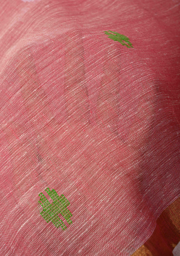 Lotus Pink Meenakari Buttas on Linen by Linen Saree with Paithani Pallu and Minimal Tissue Border