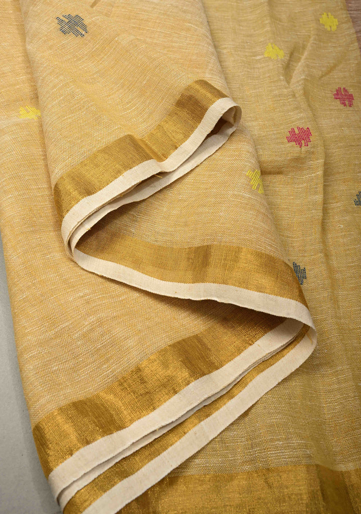 Sand Color Meenakari Buttas on Handloom Linen Saree with Paithani Pallu and Minimal Tissue Border | SHOBITAM