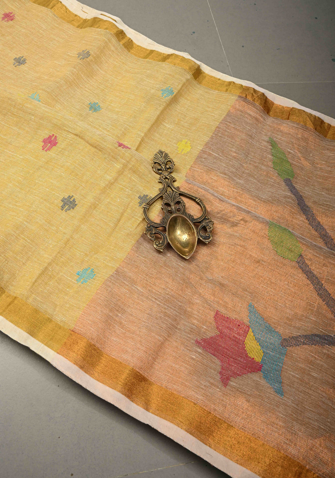 Sand Color Meenakari Buttas on Handloom Linen Saree with Paithani Pallu and Minimal Tissue Border | SHOBITAM