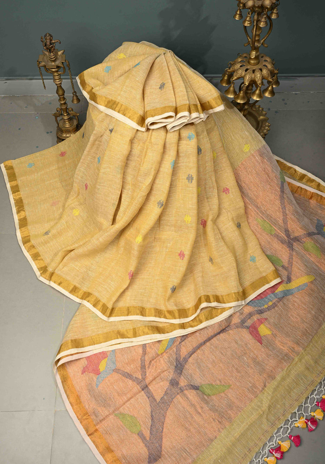 Sand Color Meenakari Buttas on Handloom Linen Saree with Paithani Pallu and Minimal Tissue Border | SHOBITAM