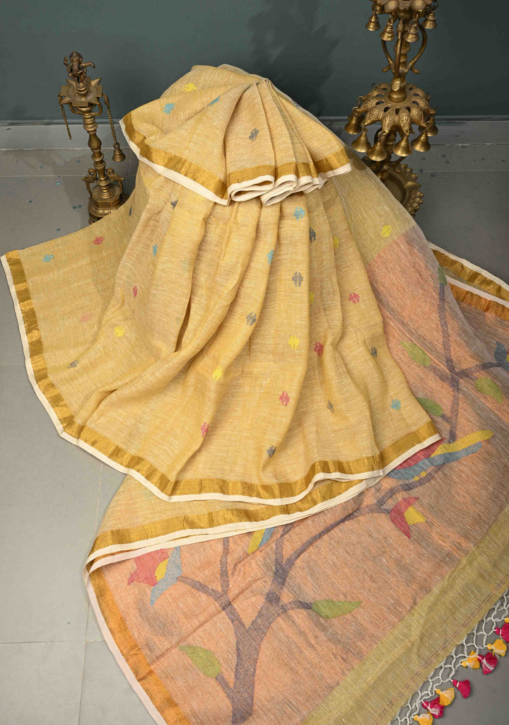 Sand Color Meenakari Buttas on Handloom Linen Saree with Paithani Pallu and Minimal Tissue Border | SHOBITAM