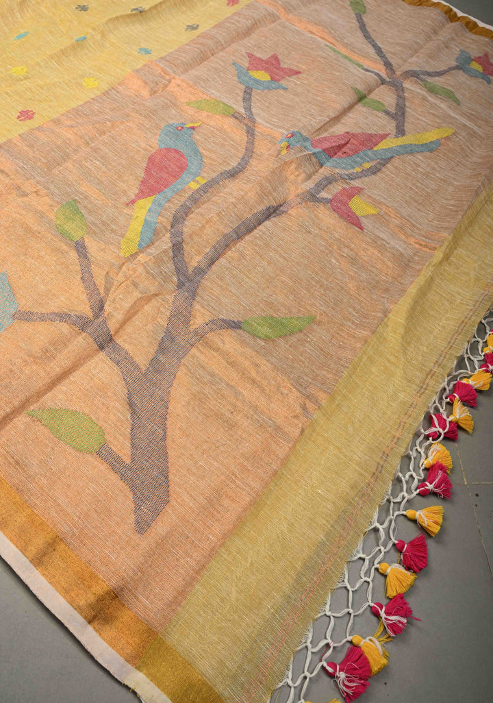 Sand Color Meenakari Buttas on Handloom Linen Saree with Paithani Pallu and Minimal Tissue Border | SHOBITAM