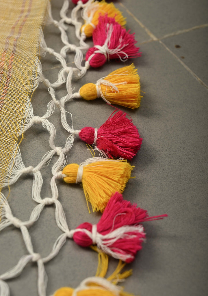 Sand Color Meenakari Buttas on Handloom Linen Saree with Paithani Pallu and Minimal Tissue Border | SHOBITAM