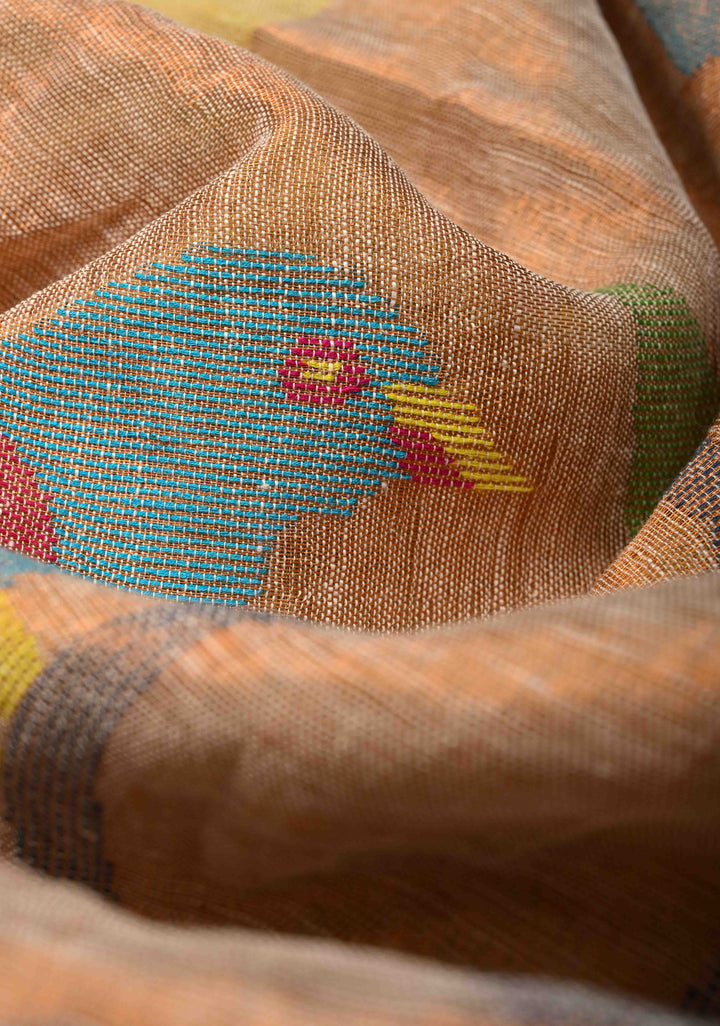 Sand Color Meenakari Buttas on Handloom Linen Saree with Paithani Pallu and Minimal Tissue Border | SHOBITAM