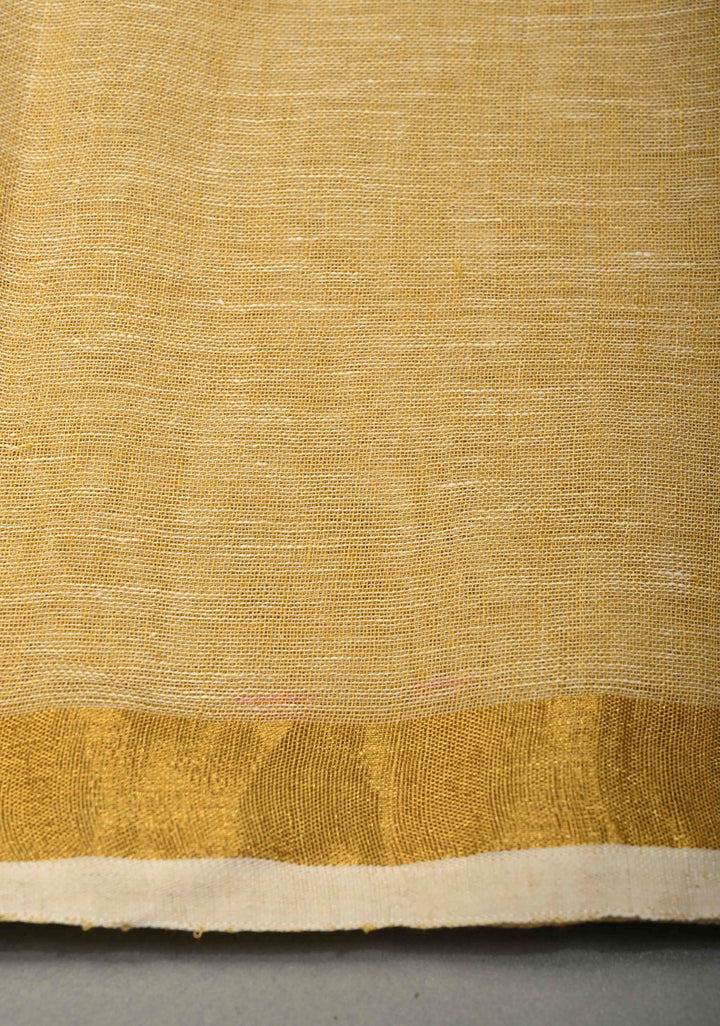 Sand Color Meenakari Buttas on Handloom Linen Saree with Paithani Pallu and Minimal Tissue Border | SHOBITAM