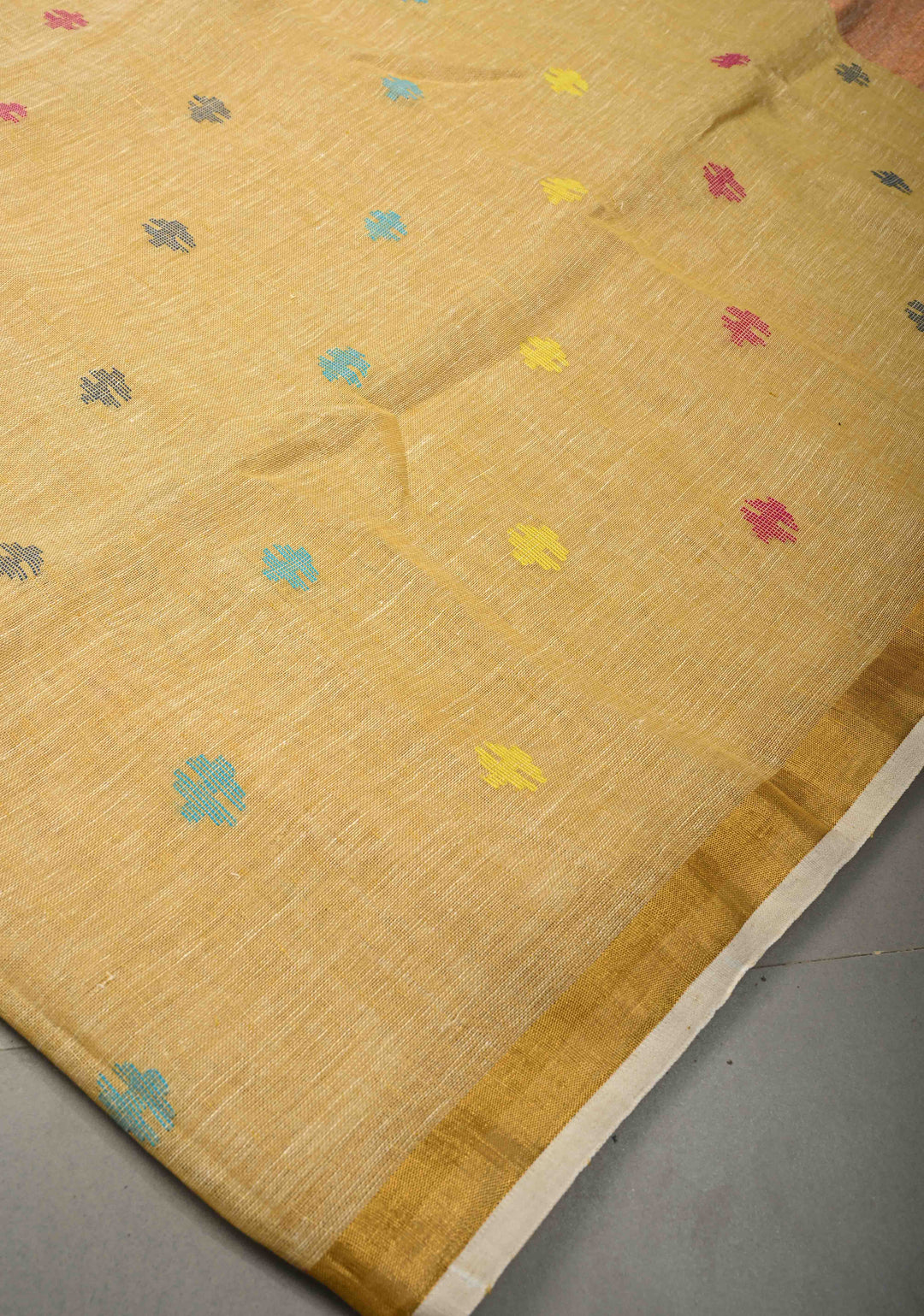 Sand Color Meenakari Buttas on Handloom Linen Saree with Paithani Pallu and Minimal Tissue Border | SHOBITAM